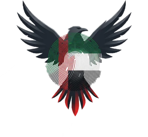 Security Exile crest: a falcon with a fingerprint in the colours of the UAE flag